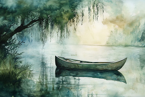 Watercolor landscape with boat, a Nature Photo by MistyDay