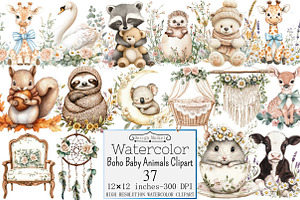 Boho Baby Animals Clipart, a Seasonal Illustration by Design Market