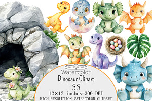Watercolor Dinosaur Clipart, a Seasonal Illustration by Design Market