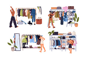 People choose clothes on hanger rack, a Person Illustration by PaperTrident