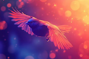 A vibrant bird in flight against a colorful, dreamy background filled with boke, an Animal Photo by Textures & Backgrounds