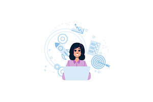 Businesswoman working on laptop with, a Person Illustration by pikepicture