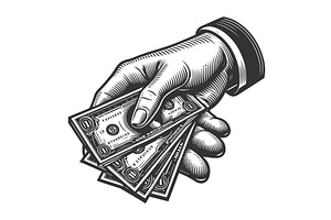 Hand Holding Dollar Bills engraving, a Finance Illustration by AlexArt