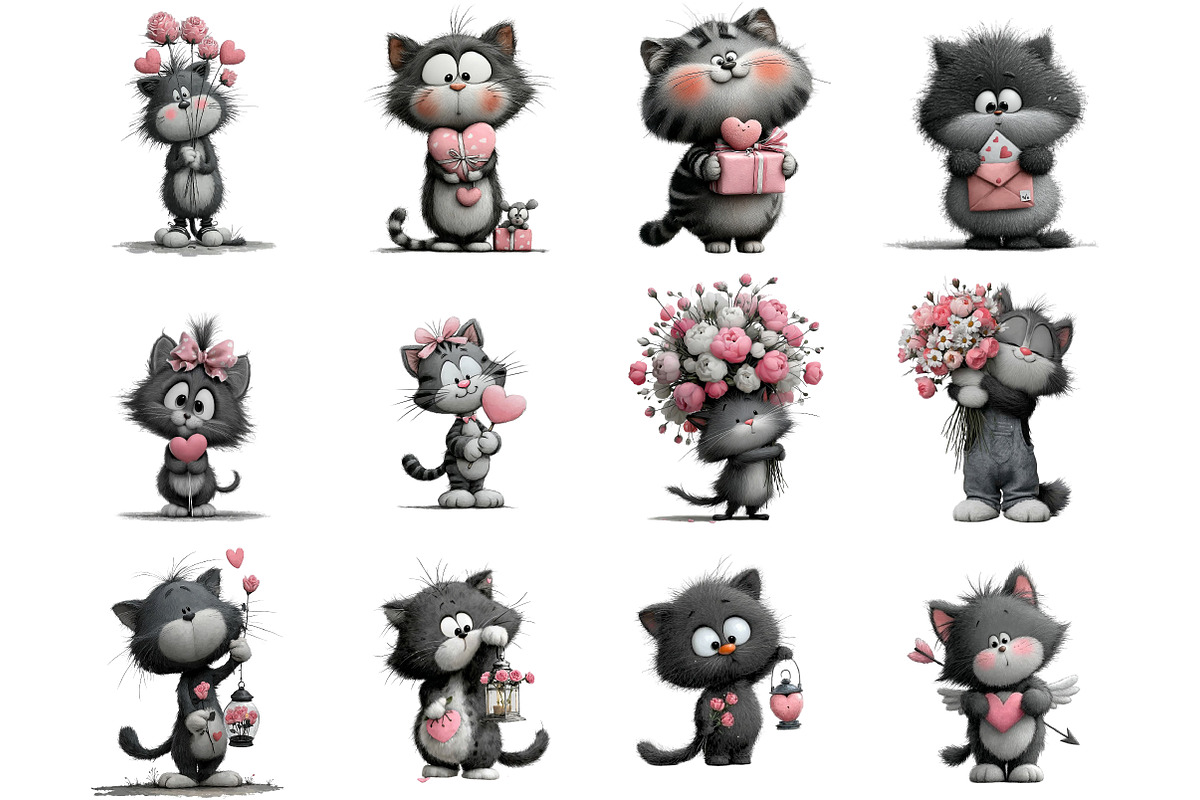 Whimsical Valentine Cats Clipart, an Illustration by DreamArtGraphic (Photo 4 of 4)