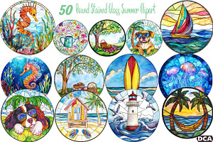 Round Stained Glass Summer Clipart, an Illustration by DreamCafeArt
