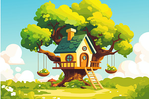 Cartoon tree house on lawn on summer, an Illustration by LadadikArt