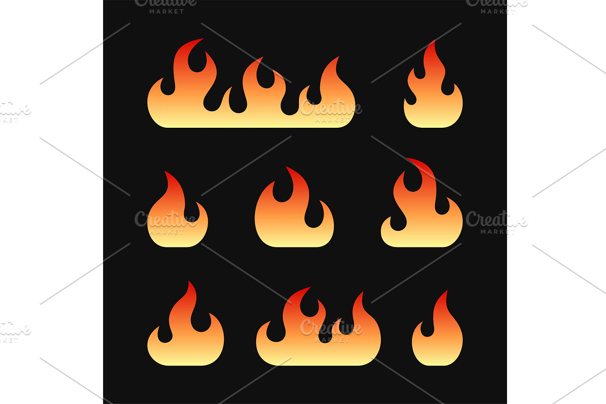 Fire Flames Set on Black Background, a Decorative Illustration by in8finity