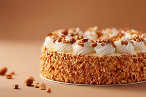 Delicious creamy cake with golden crust and frosting, a Food & Drink Photo by AlyaAnd