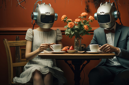 Conceptual photo of couple with robot heads, man and woman sitti, an Illustration by AS photostudio