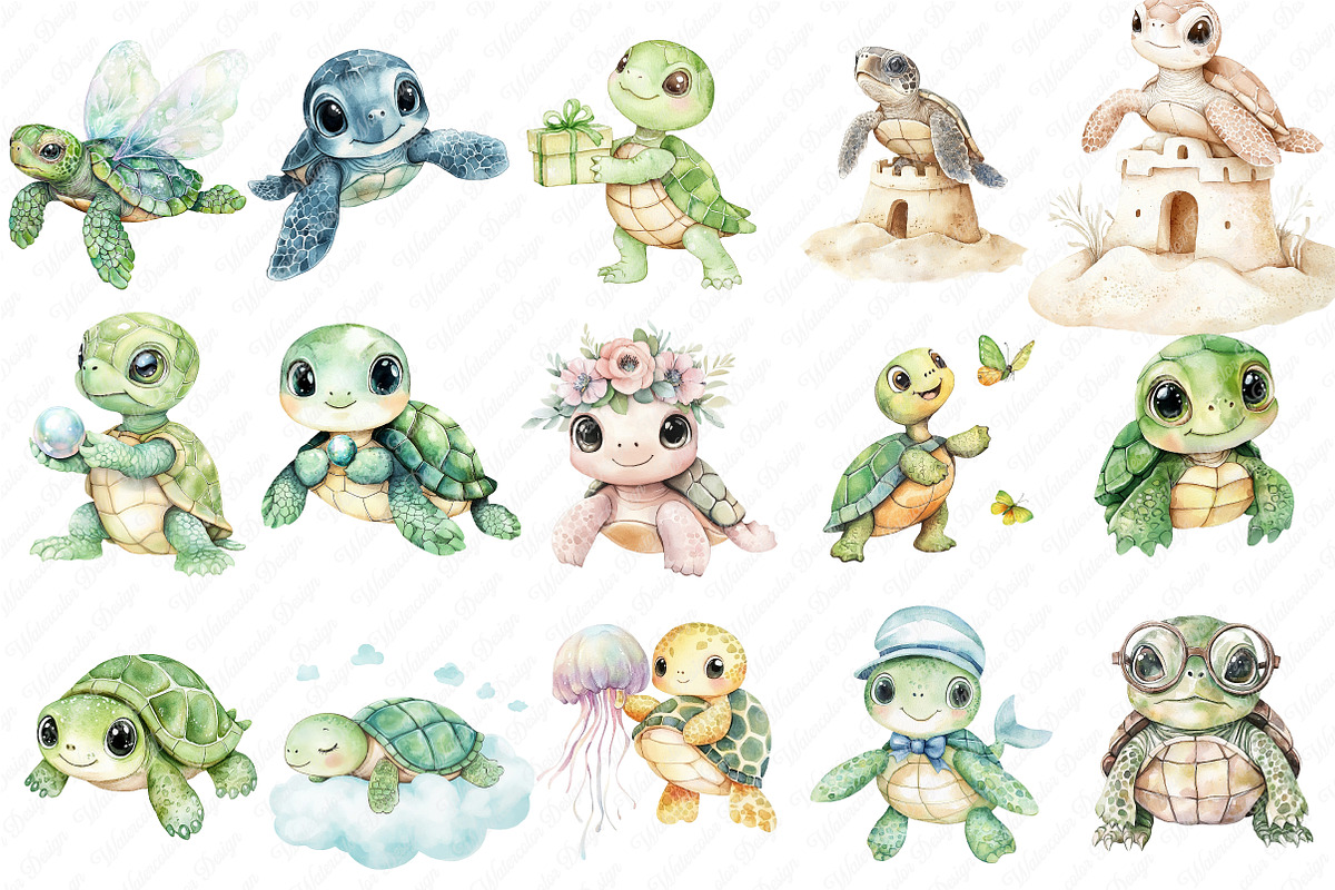 Watercolor Baby Turtle Clipart, an Illustration by Watercolor design (Photo 2 of 12)