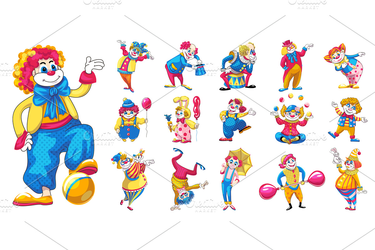 Clown icons set, cartoon style, a Person Illustration by Ylivdesign