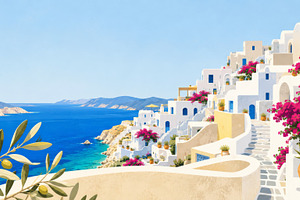 Greek isle aesthetic with white buil, a Photo by Dvoevnore photos