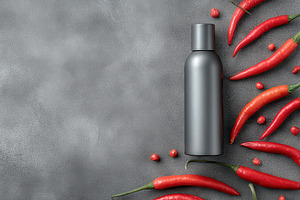 Red peppers surround black bottle, a Photo by Pavel_design