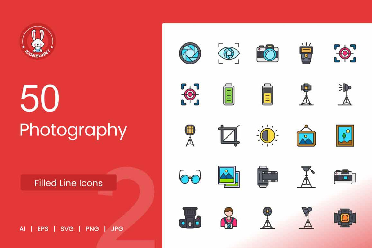50 Photography Filled Line Icons, an Icon by IconBunny (Photo 1 of 2)