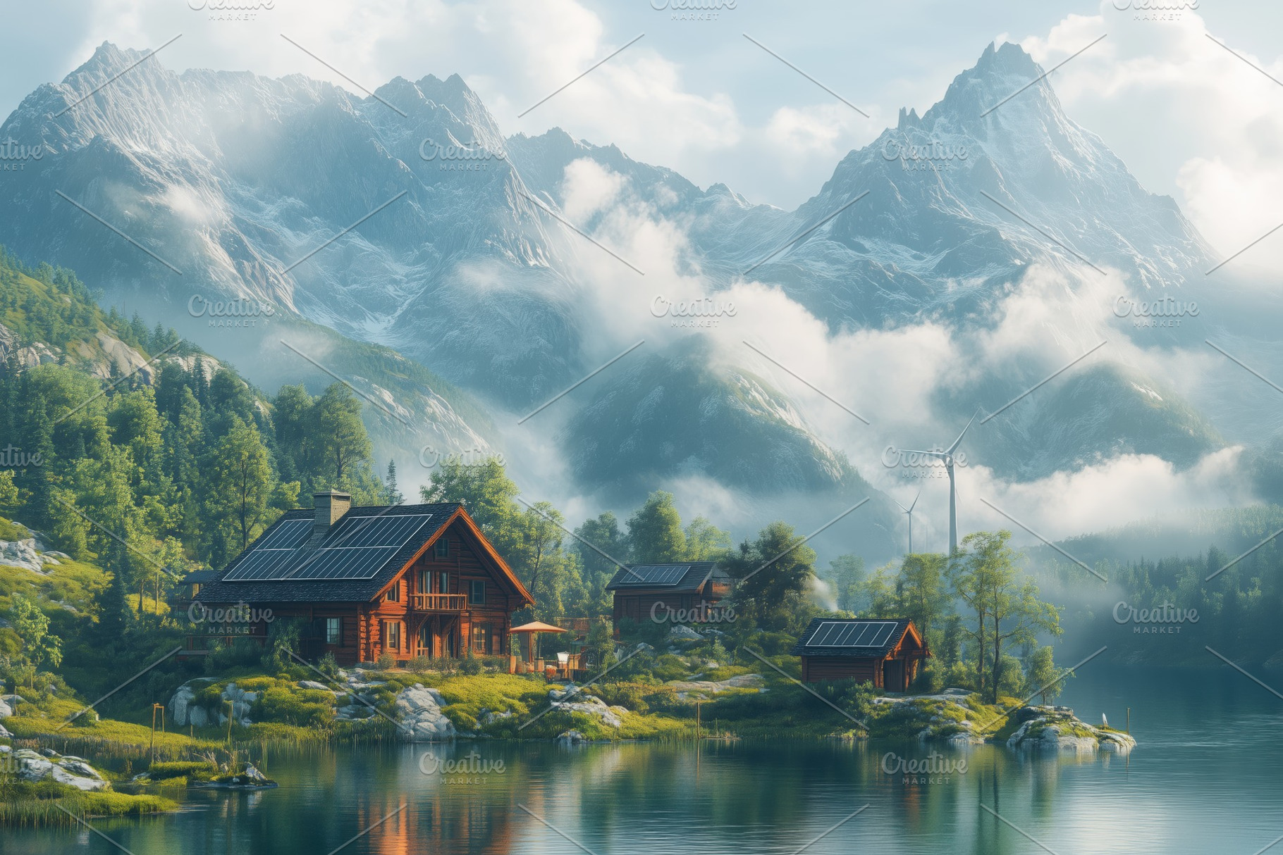 Scenic view of wooden cabins by a lake with solar panels, surrounded by mountai, a Transportation Photo by Textures & Backgrounds