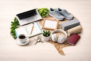 Office or home organization with planning accessories and coffee, a Photo by Dvoevnore photos
