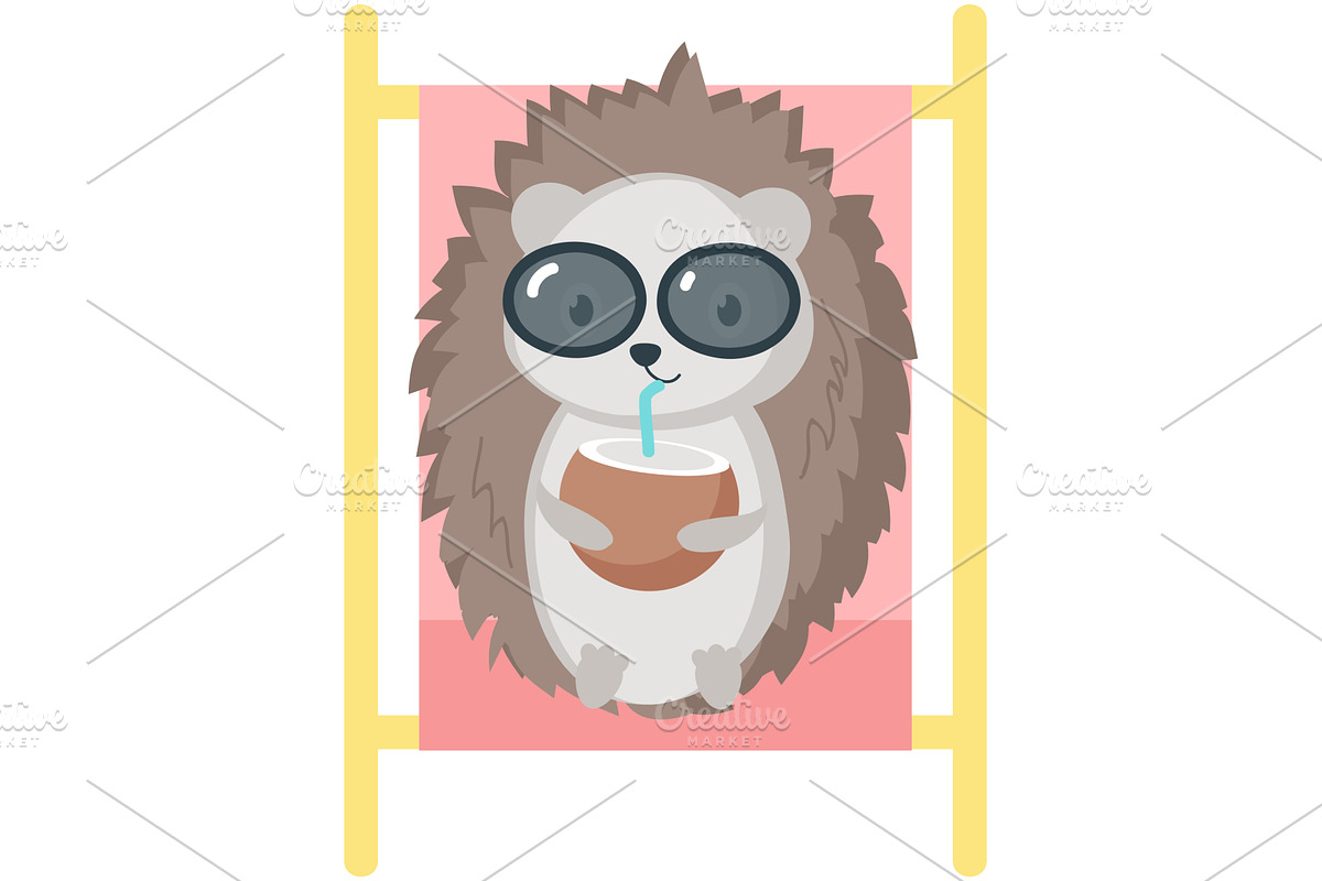 Hedgehog rest with cocktail on beach, an Animal Illustration by SiberianArt