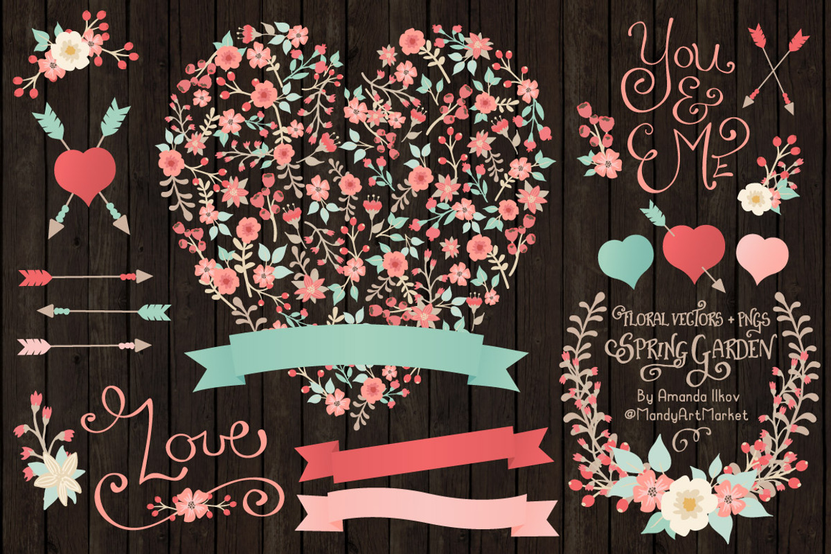Mint & Coral Floral Heart & Banners, an Illustration by Amanda Ilkov (Photo 2 of 4)