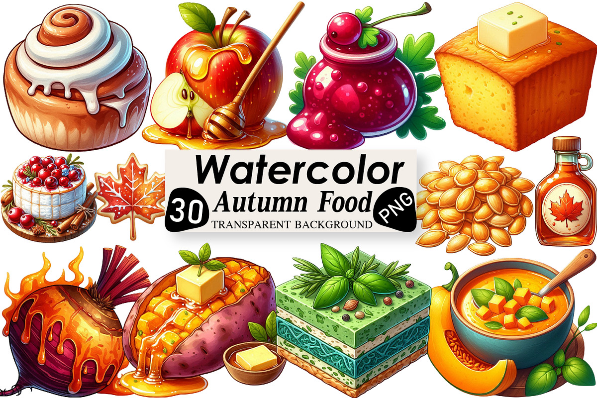 Watercolor Autumn Food Clipart, an Illustration by Black Bird Studio (Photo 1 of 6)