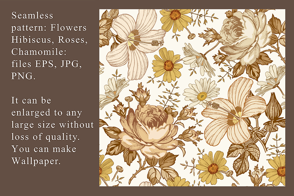 Set Seamless Flowers Rose Hibiscus, a Pattern Graphic by Vintage (Photo 2 of 10)
