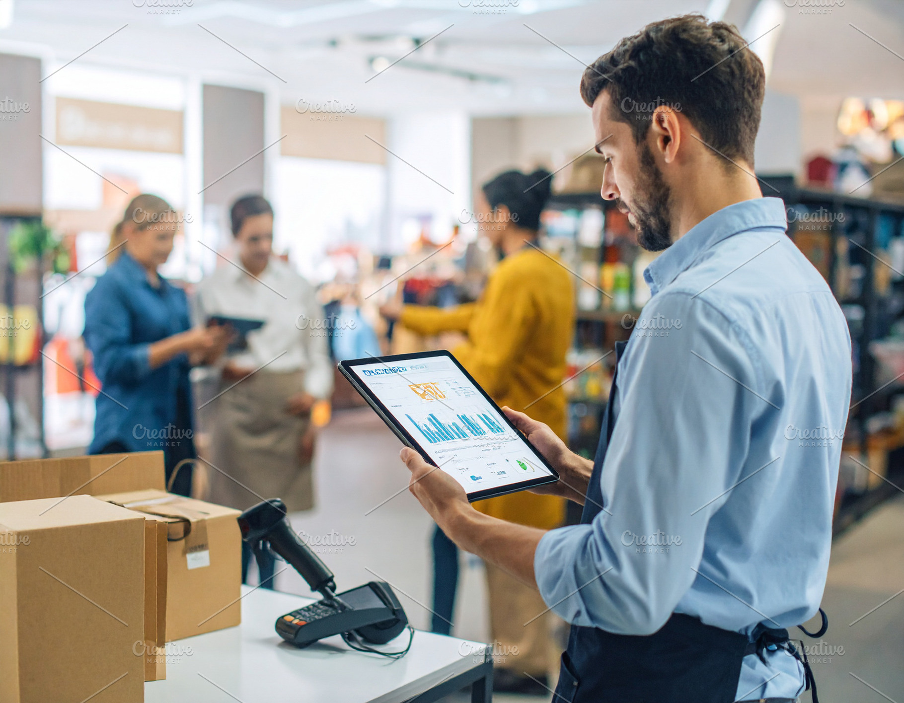 Man holding tablet at small business environment room, a Technology Photo by DanFLCreativo
