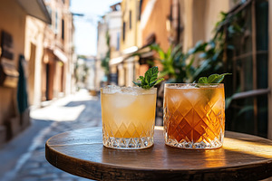 Alcoholic cocktails with ice cubes on table of italian sidewalk cafe, a Photo by AlyaAnd