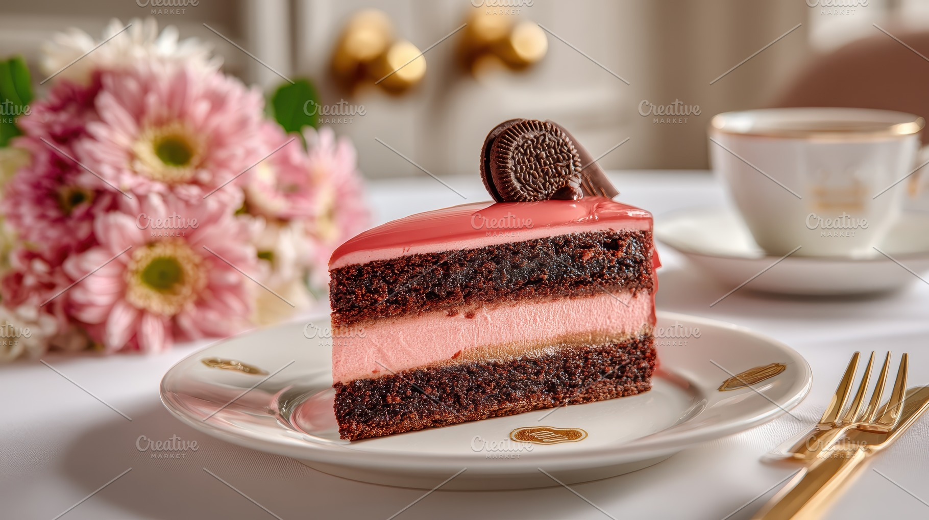 Delicious Chocolate Cake Slice Pink, a Photo by Pixeness Studio