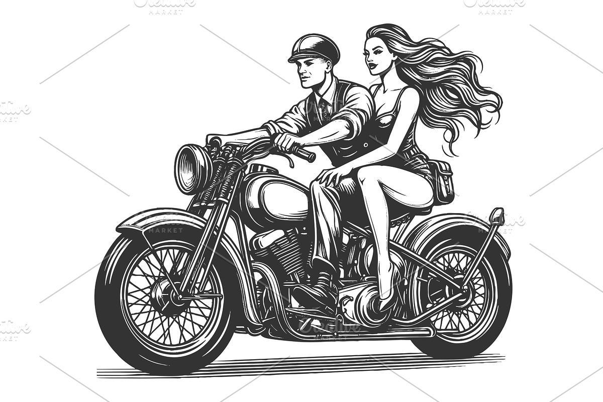 Retro Couple Riding a Classic, a Transportation Illustration by AlexArt