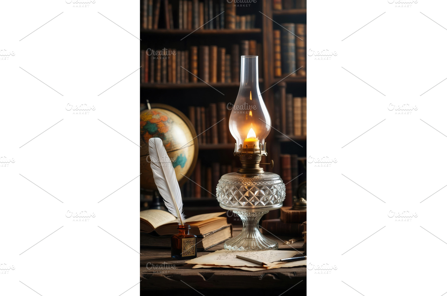 Vintage oil lamp with glowing flame, an Arts & Entertainment Photo by tilialucida