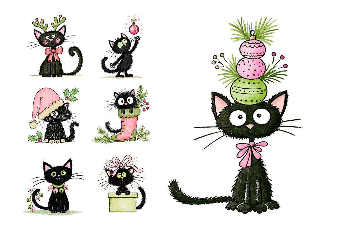 Christmas Cats PNG Clipart Bundle, a Seasonal Illustration by Nicolle's Colorful Art (Photo 6 of 6)