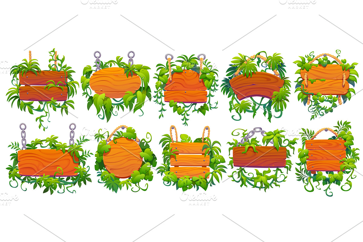 Wooden sign boards with lianas, an Object Illustration by Vector Tradition