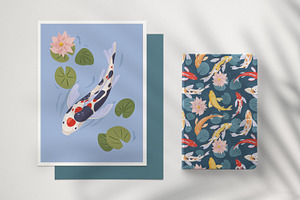 Koi Carp Fish Seamless Patterns