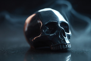 Realistic black skull resting on a dark surface with smoke in the background, an Arts & Entertainment Photo by AlyaAnd