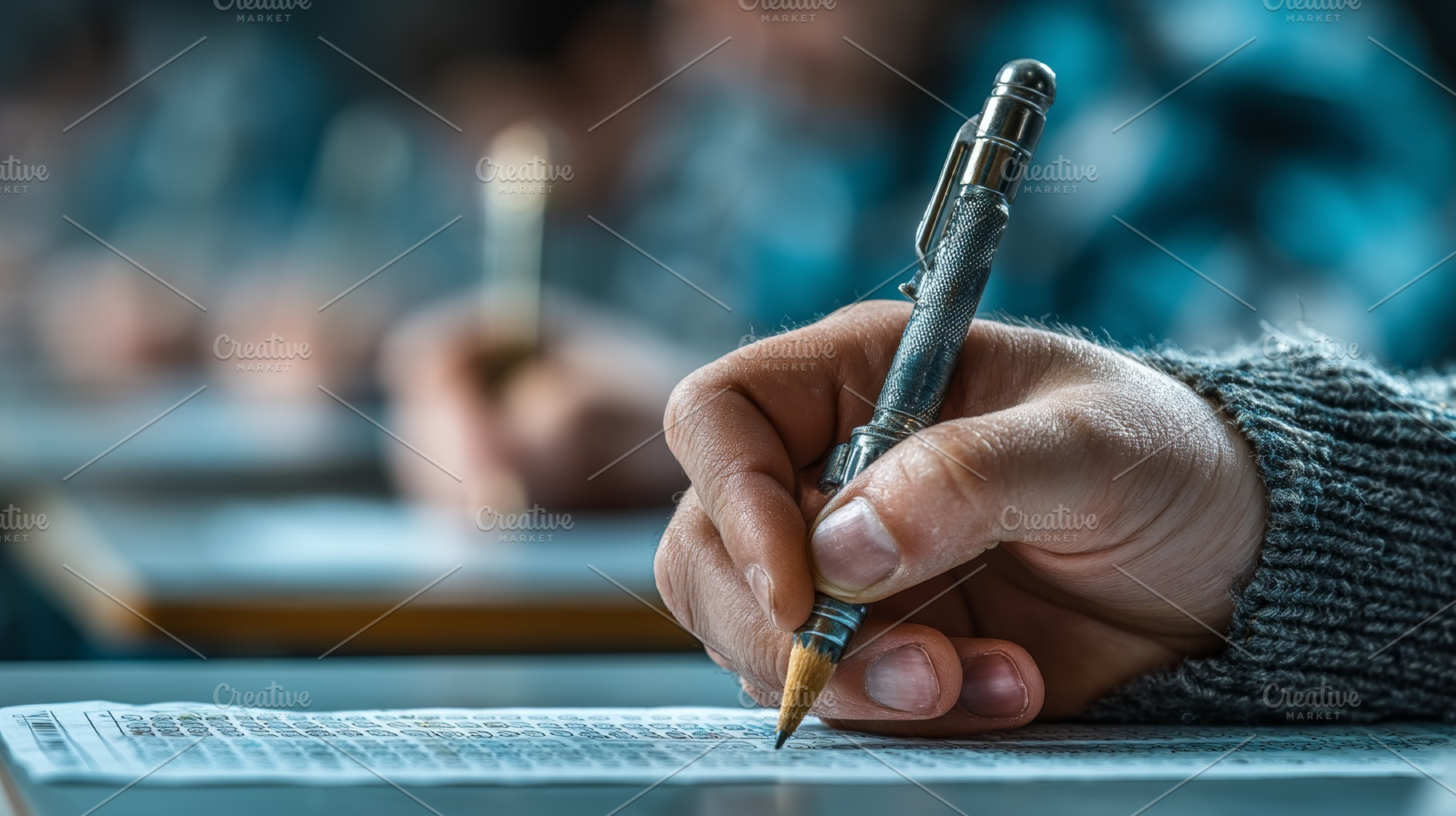 Student in an exam completing a multiple-choice test in a classroom setting, a Photo by AS photostudio