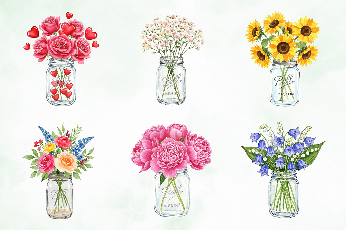 Watercolor Mason Jar Flowers Set, an Illustration by Creative Art (Photo 3 of 9)