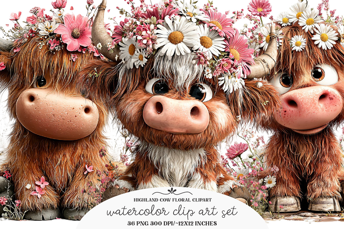 Highland Cow Floral Clipart, an Illustration by GatewayDesign (Photo 1 of 3)
