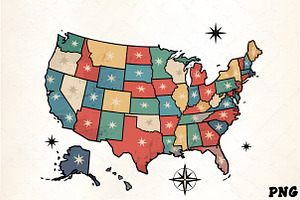 Retro usa map colorful states stars, an Illustration by CrexoraLab