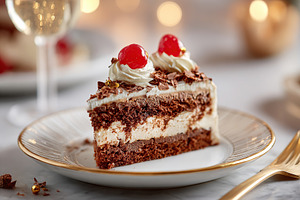 Decadent chocolate cherry cake with creamy topping on an elegant plate, a Food & Drink Photo by AlyaAnd