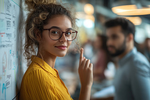 Young Hispanic woman in glasses smiling while standing in a modern workspace, e, a Person Photo by ImageMir