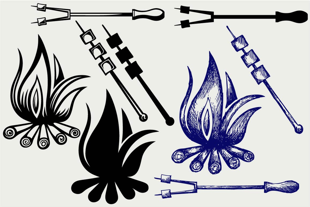 Marshmallows over a camp fire, an Outline Icon by LineworkStock