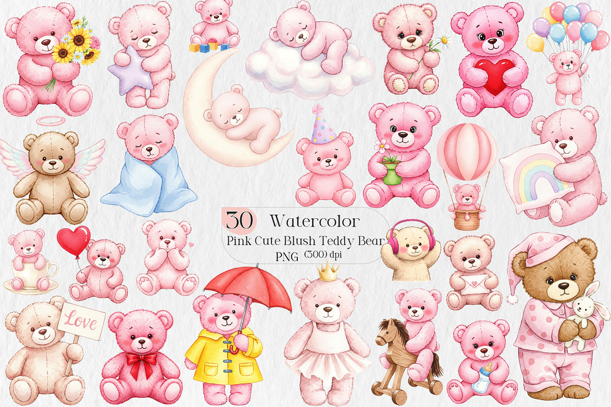 Watercolor Pink Cute Blush Teddy Png, an Illustration by Creative Art (Photo 1 of 10)