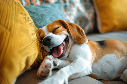 Cozy Beagle Enjoying a Relaxing Yawn on a Comfy Sofa - Generativ, an Animal Photo by José Manuel Gelpi