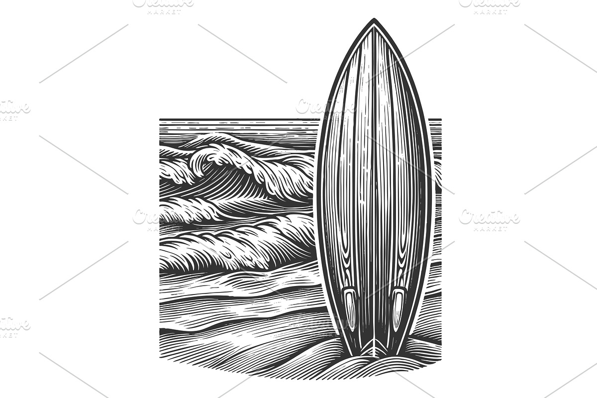 surfboard on beach with ocean waves, a Sport Illustration by AlexArt