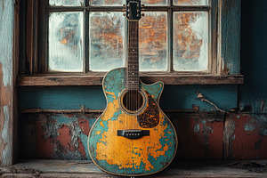 Vintage acoustic guitar rests agains, a Photo by Tanuart