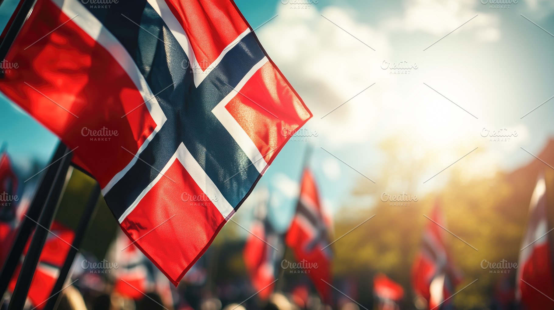 Norwegian flags waving energetically during national holiday celebration, filli, a Holiday Photo by Antonio Gravante Market
