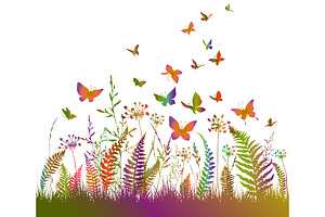 Colorful Fern And Butterflies.