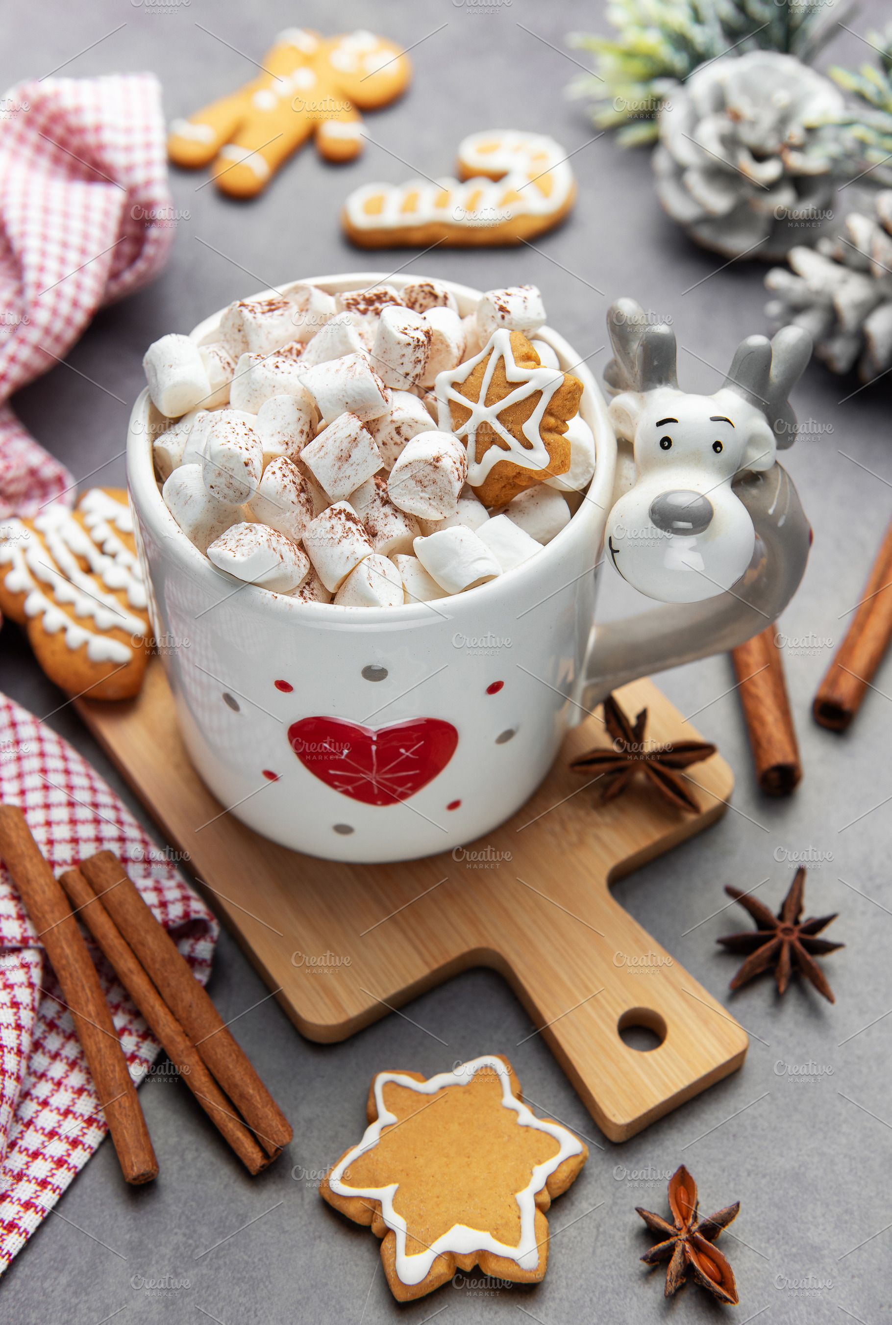 Reindeer mug with hot chocolate and gingerbread cookies, a Holiday Photo by Olena Rudo