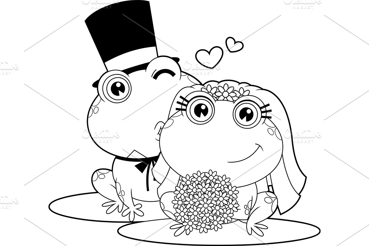 Outlined Cute Frogs Newlyweds, an Illustration by HitToon