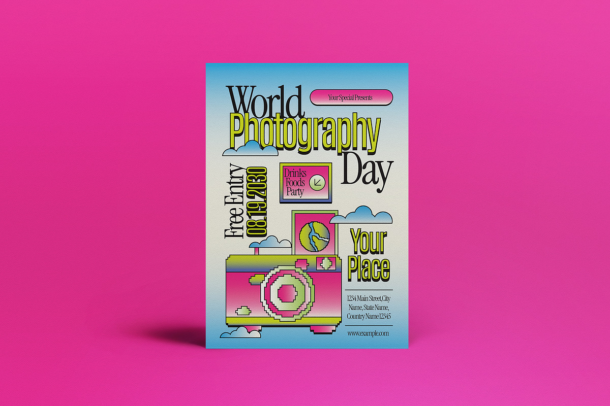 Blue Y2K World Photography Day Flyer, a Flyer Template by graphicook (Photo 2 of 4)