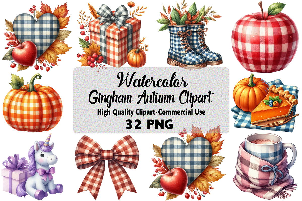 Watercolor Gingham Autumn Clipart Bu, an Illustration by Daily.Designs (Photo 1 of 5)